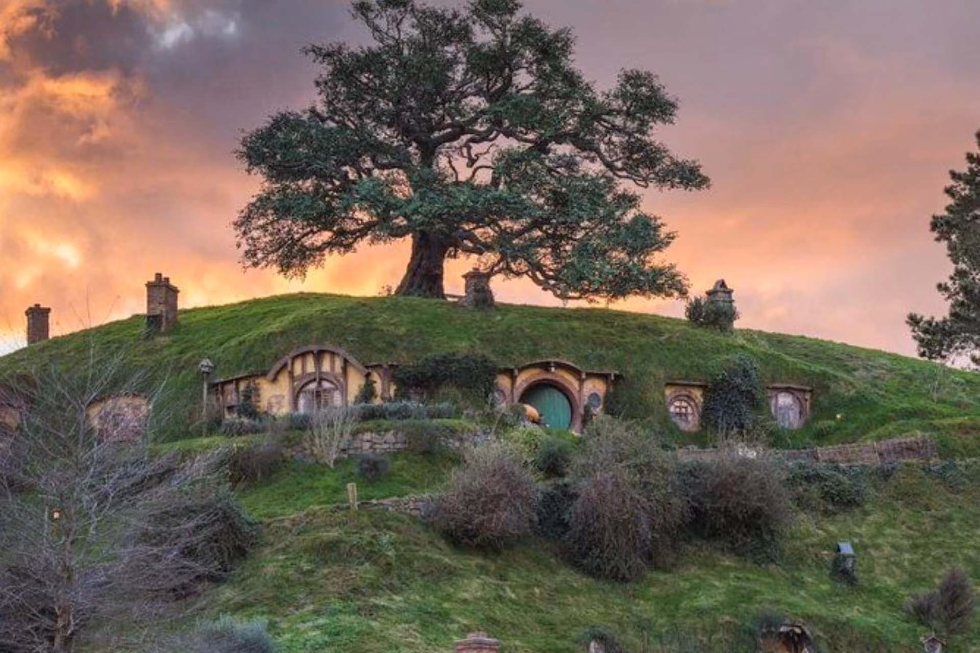 Hobbiton movie set house with round door in New Zealand