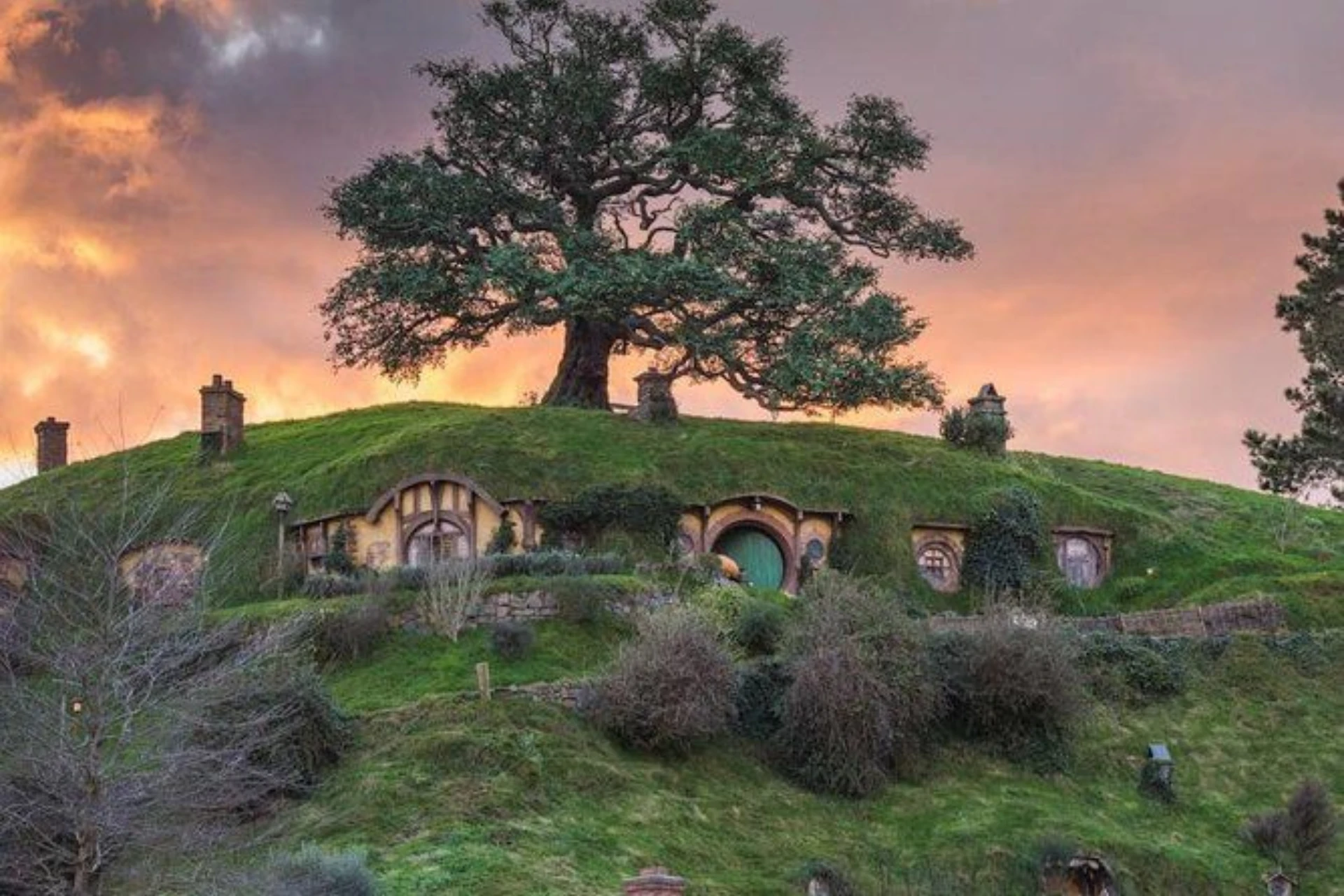 Hobbiton movie set house with round door in New Zealand