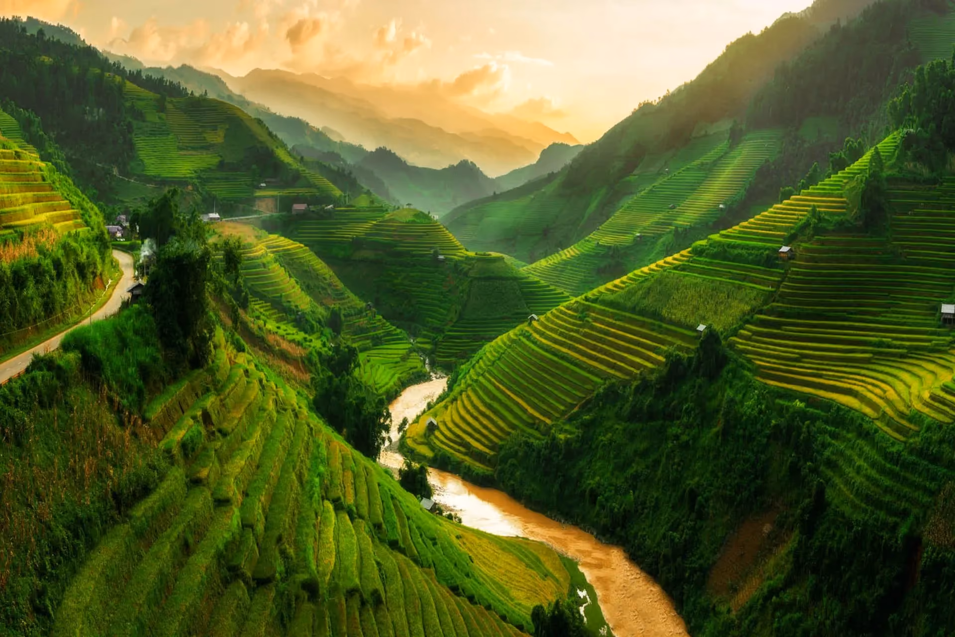 Sapa rice terraces with river running through green valley