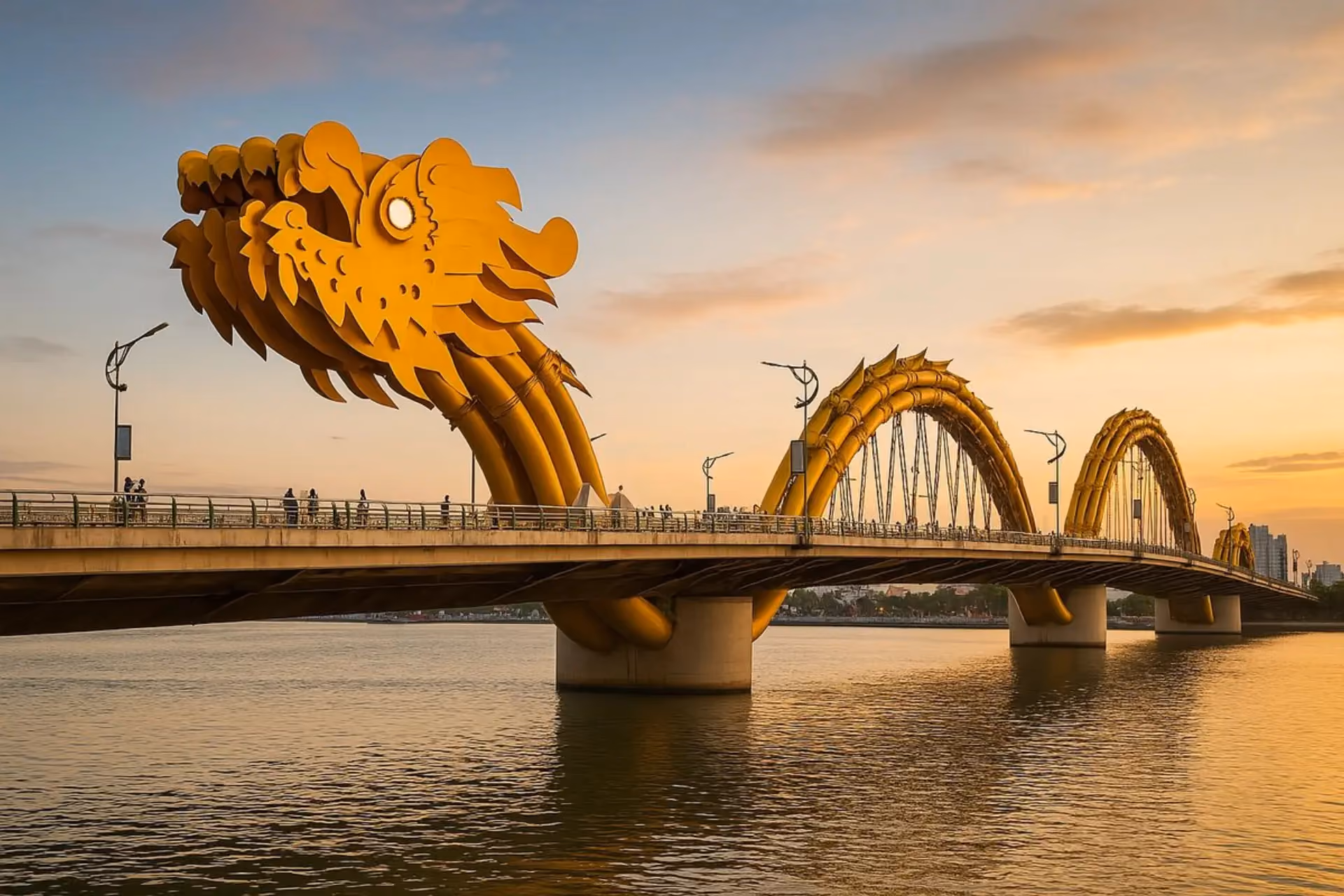 Golden dragon bridge over river in Da Nang Vietnam