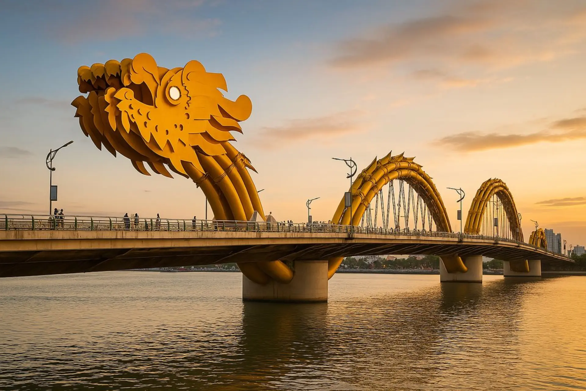 Golden dragon bridge over river in Da Nang Vietnam
