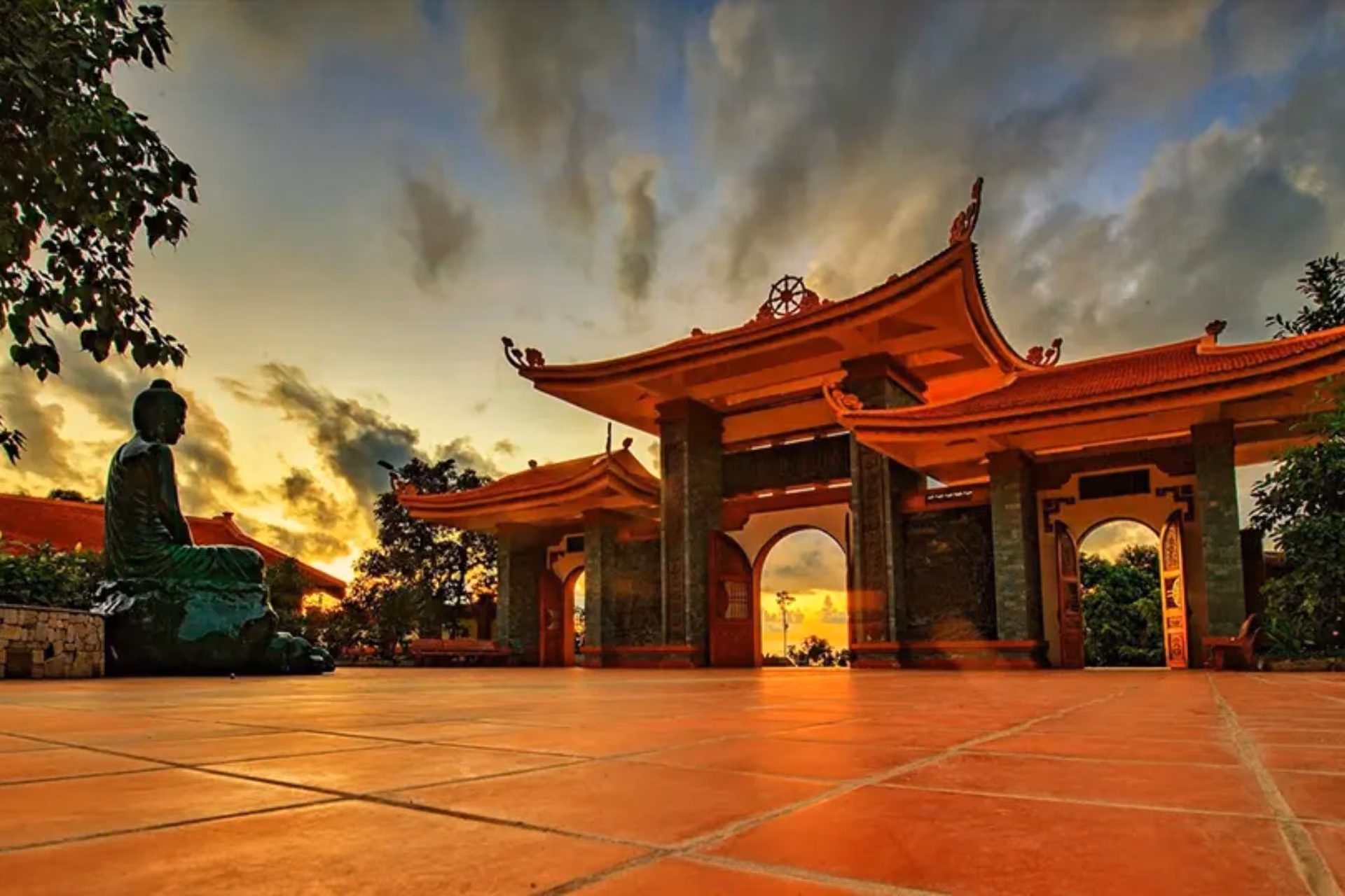 Red temple building at Phu Quoc at sunset