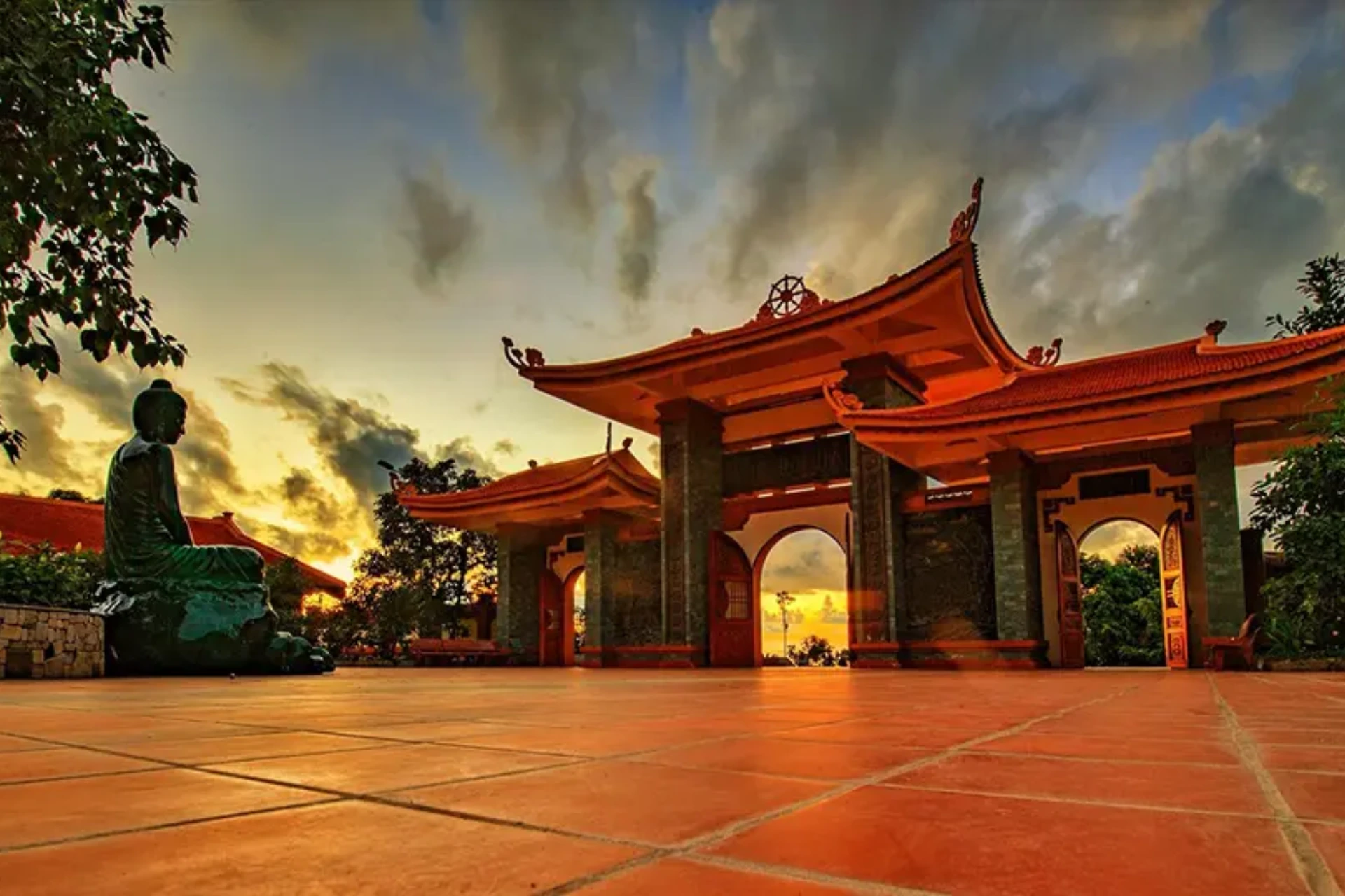 Red temple building at Phu Quoc at sunset