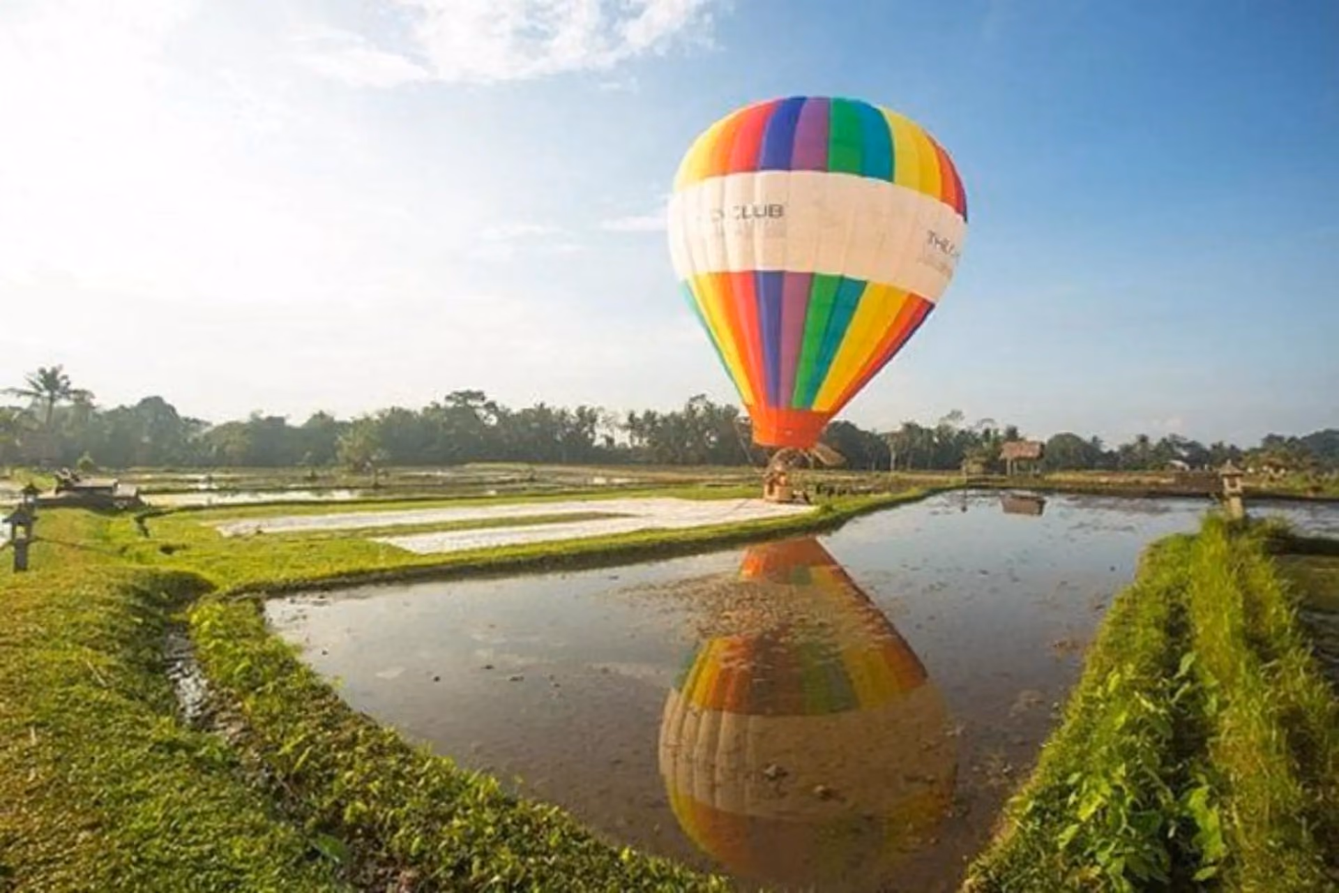 Colorful hot air balloon landing in Bali rice fields