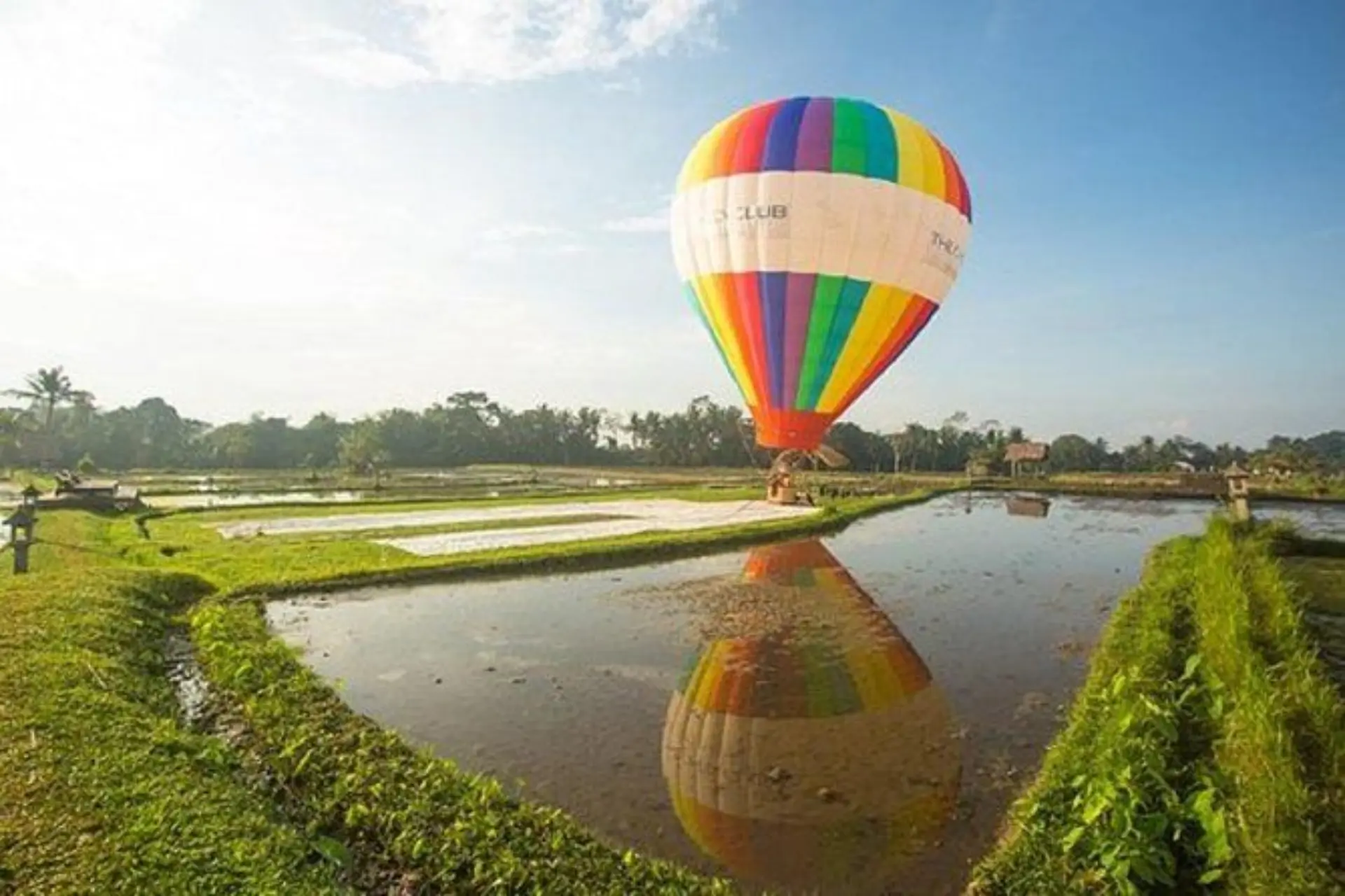 Colorful hot air balloon landing in Bali rice fields