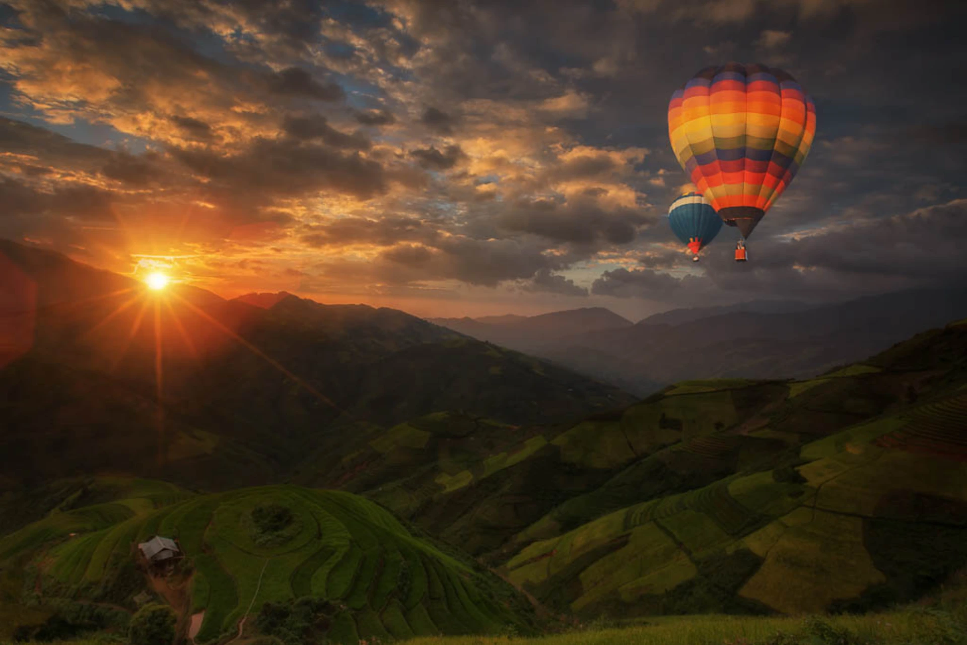 Hot air balloon flying over green rice fields at sunset in Ubud