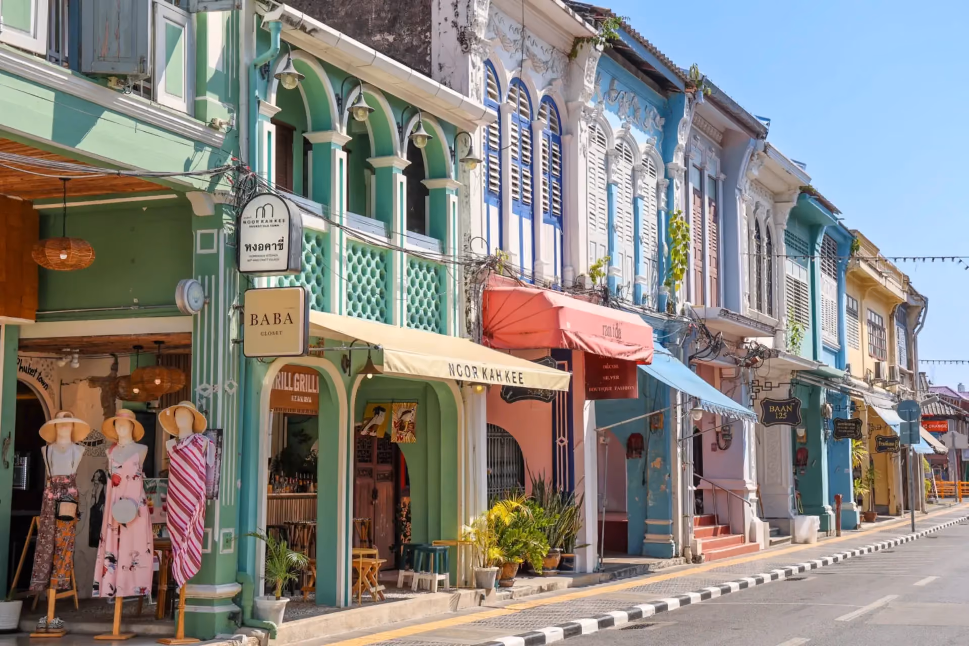 Colorful shop buildings on quiet street in Old Phuket Town