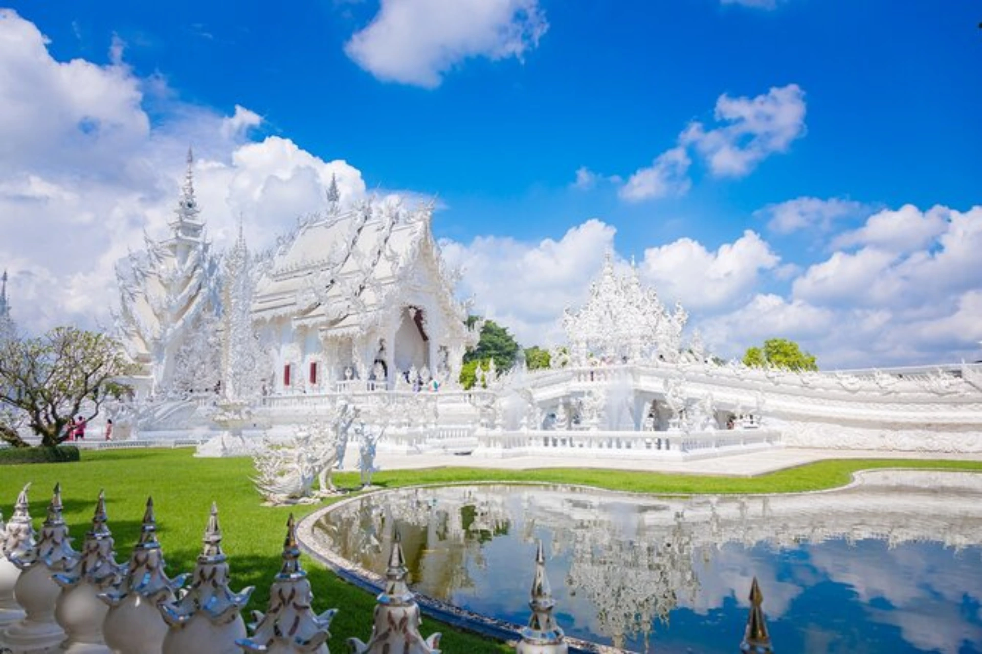 White temple with reflection in pond, Chiang Mai