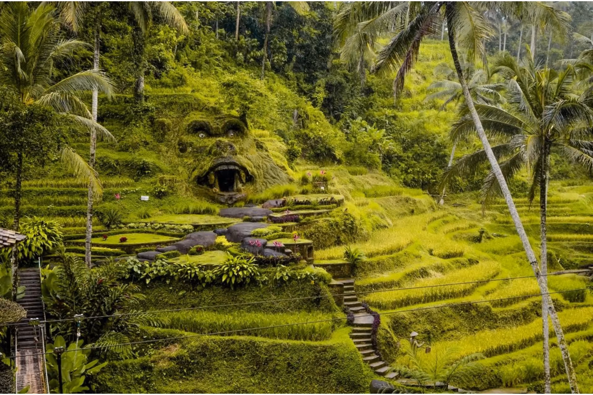 Giant stone face carved into Bali hillside with rice fields