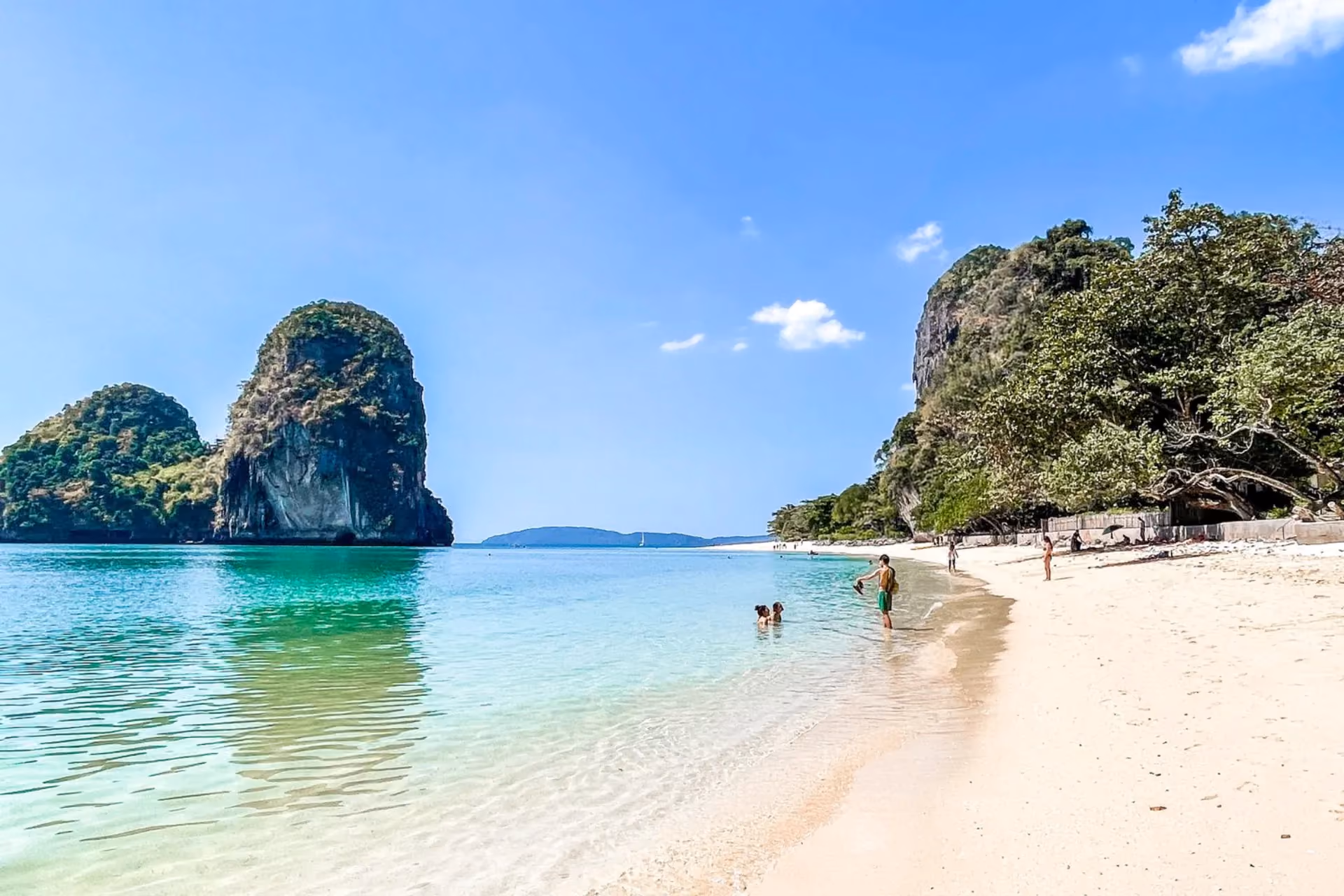 Beach with tall rock islands in Krabi Thailand