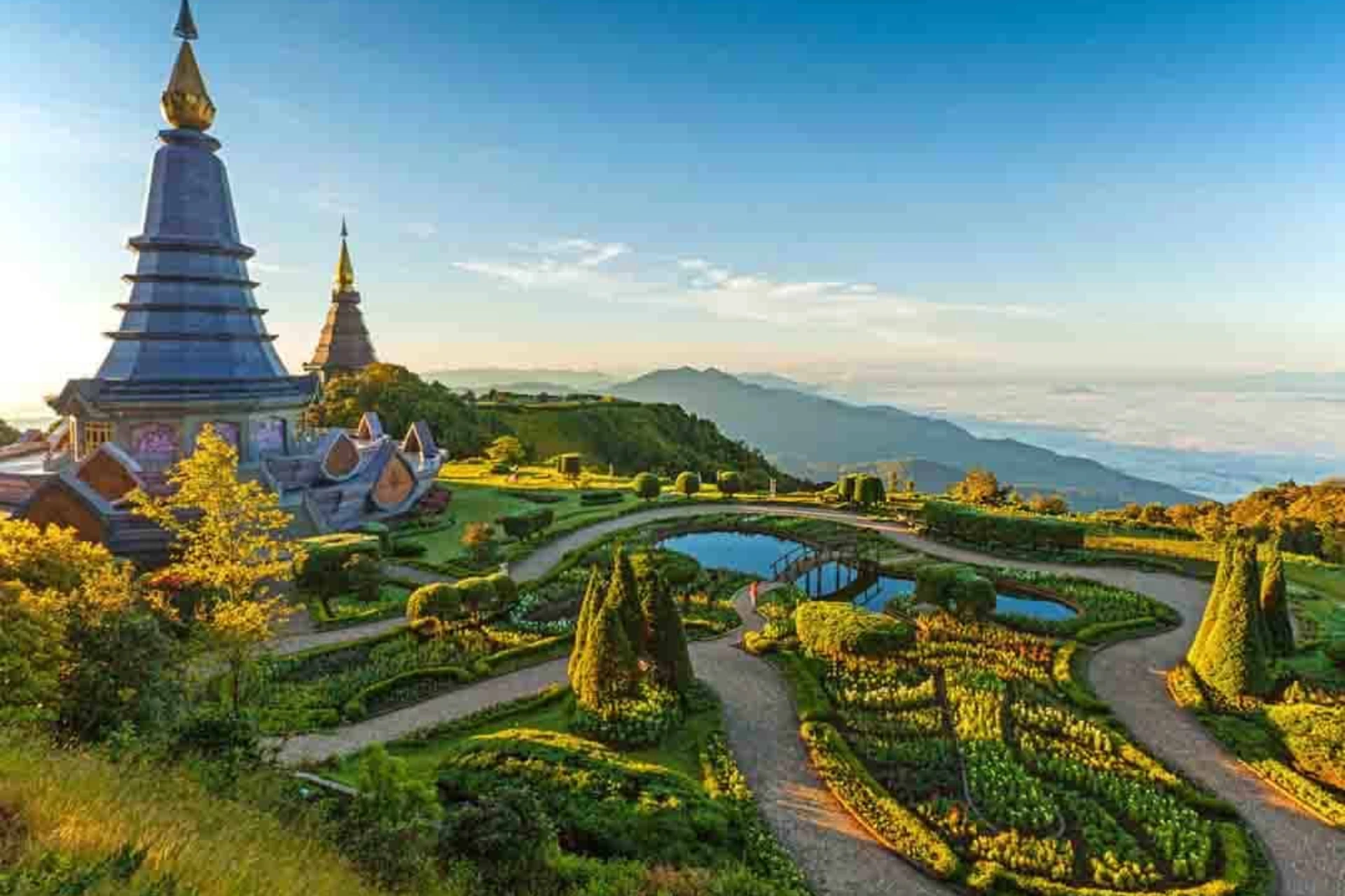 Buddhist temple with blue roof at Doi Inthanon, Chiang Mai