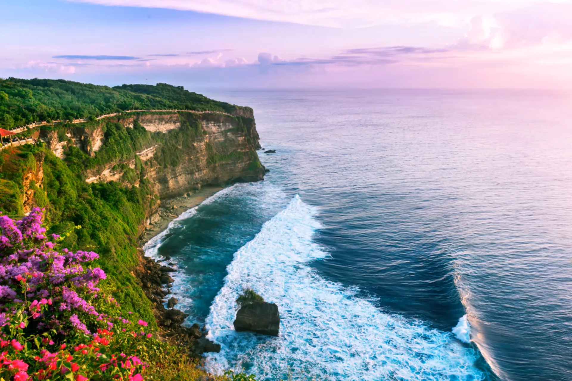 Cliff with pink flowers overlooking ocean waves in Bali