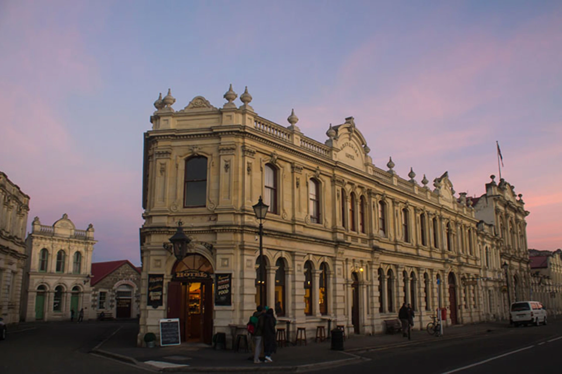 Historic stone buildings at sunset in Oamaru, New Zealand
