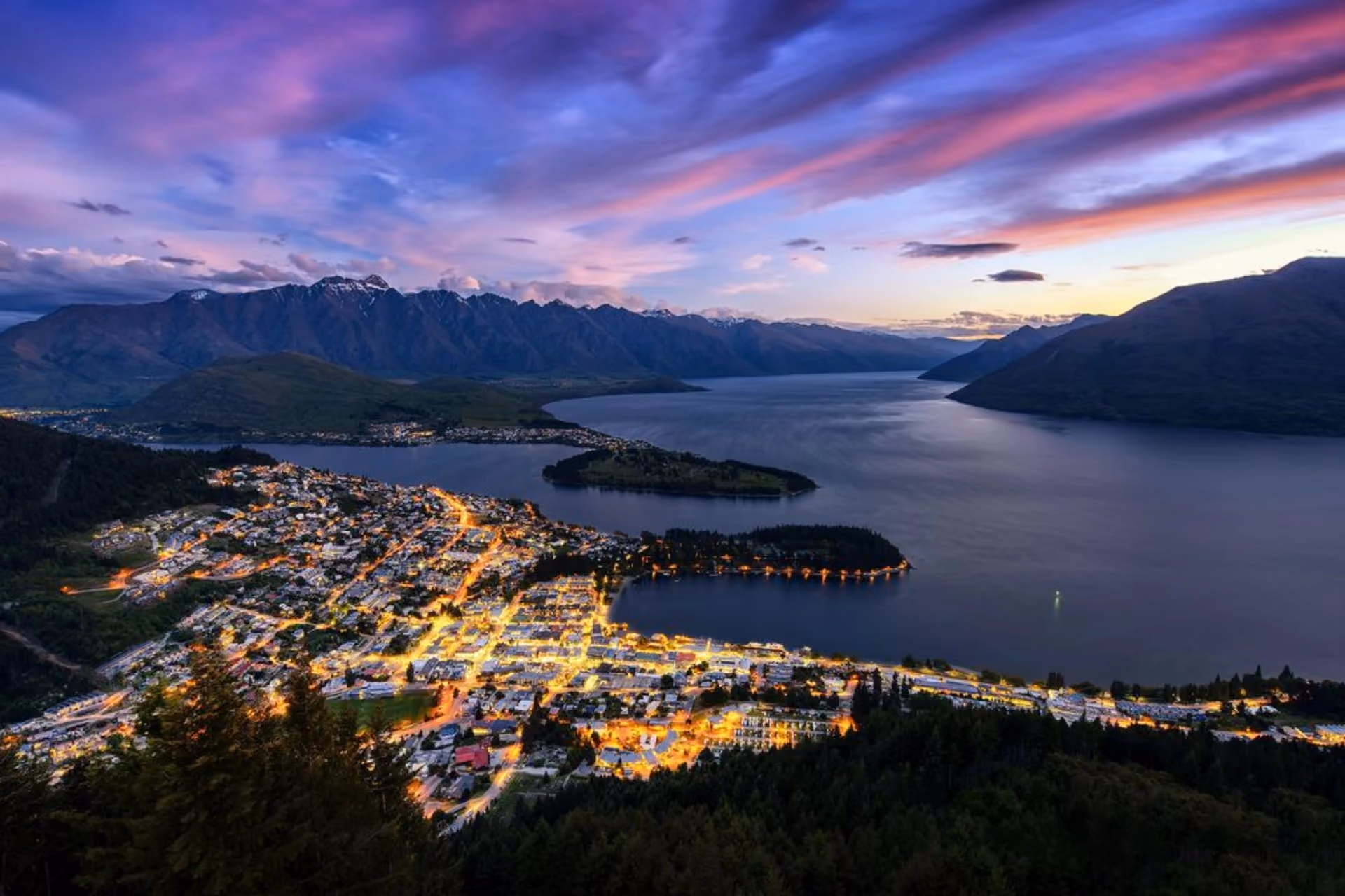 Queenstown lit up at night from Bob's Peak, New Zealand