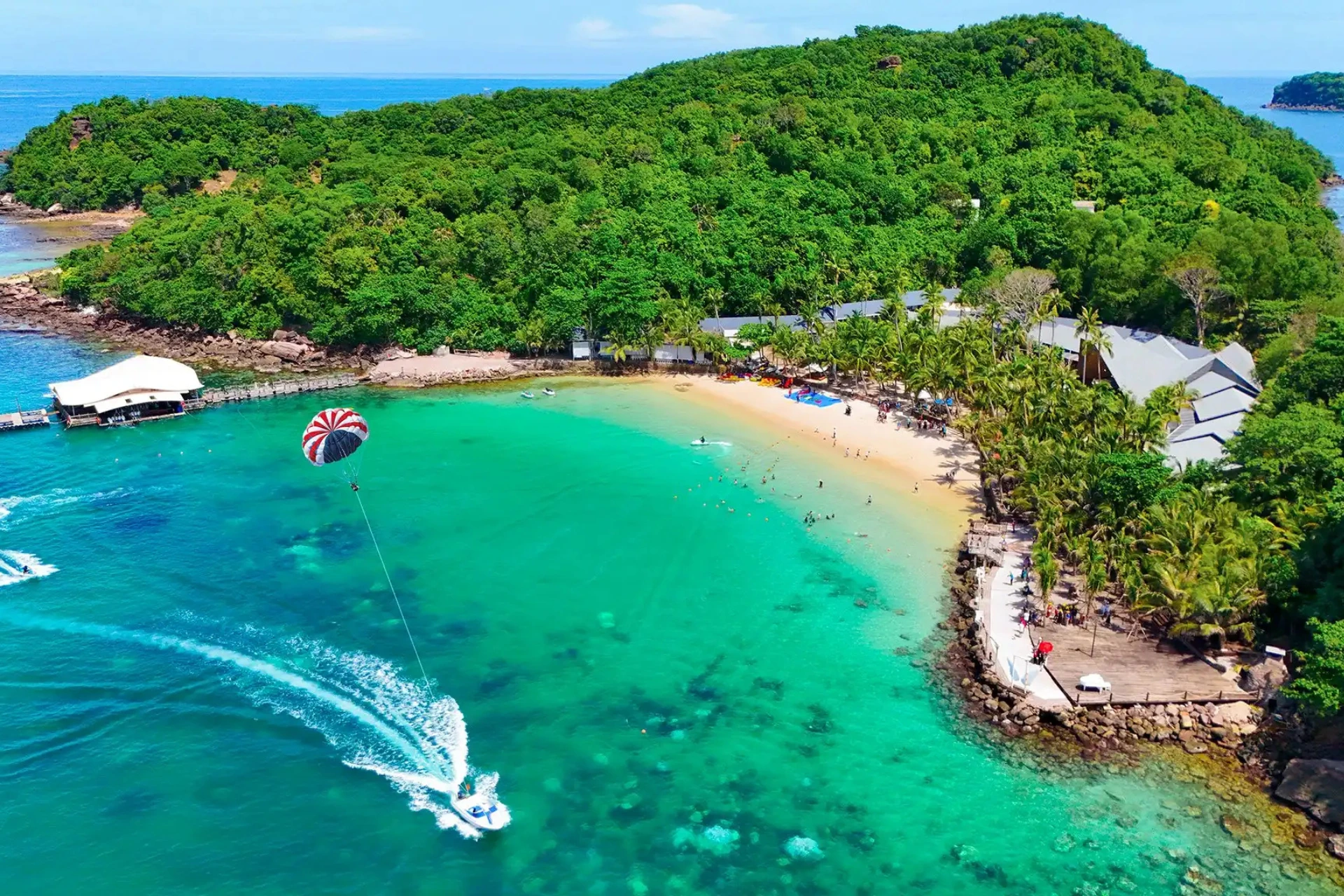 Parasail over blue-green water at Phu Quoc beach