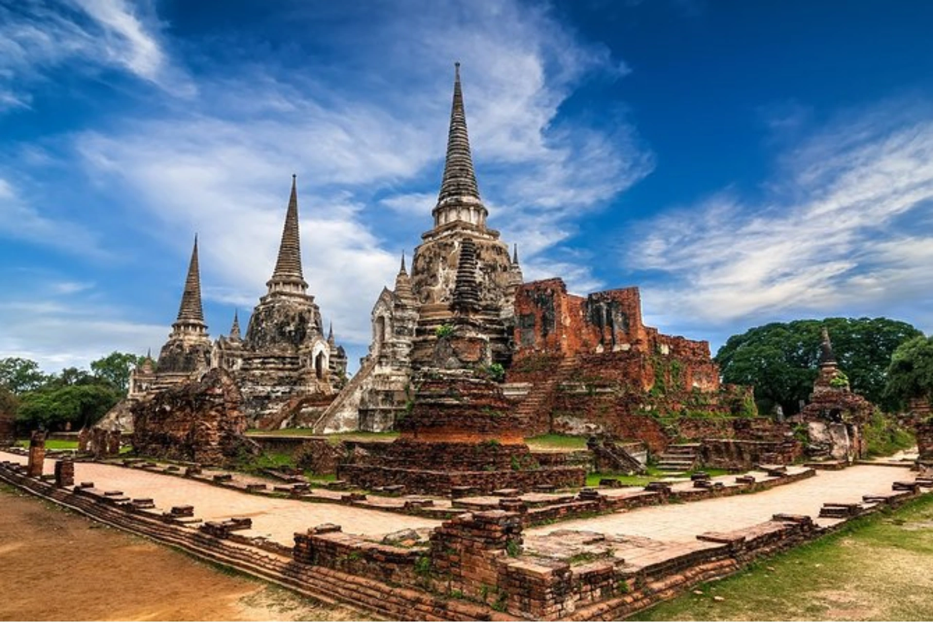 Ancient temples with pointed towers in Ayutthaya Thailand
