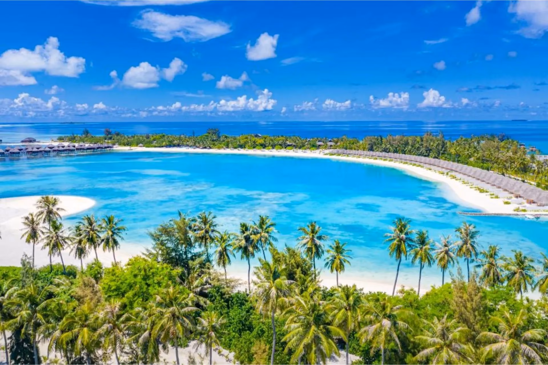 Tropical island resort with white sand beach and blue water