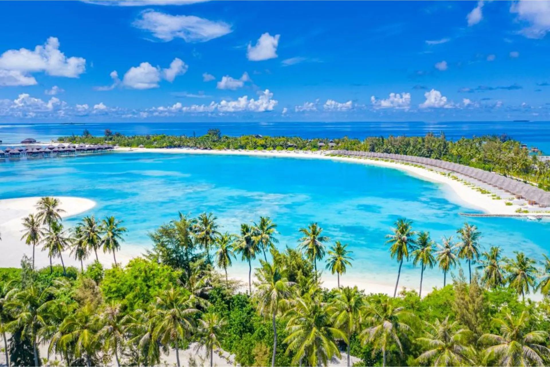 Tropical island resort with white sand beach and blue water