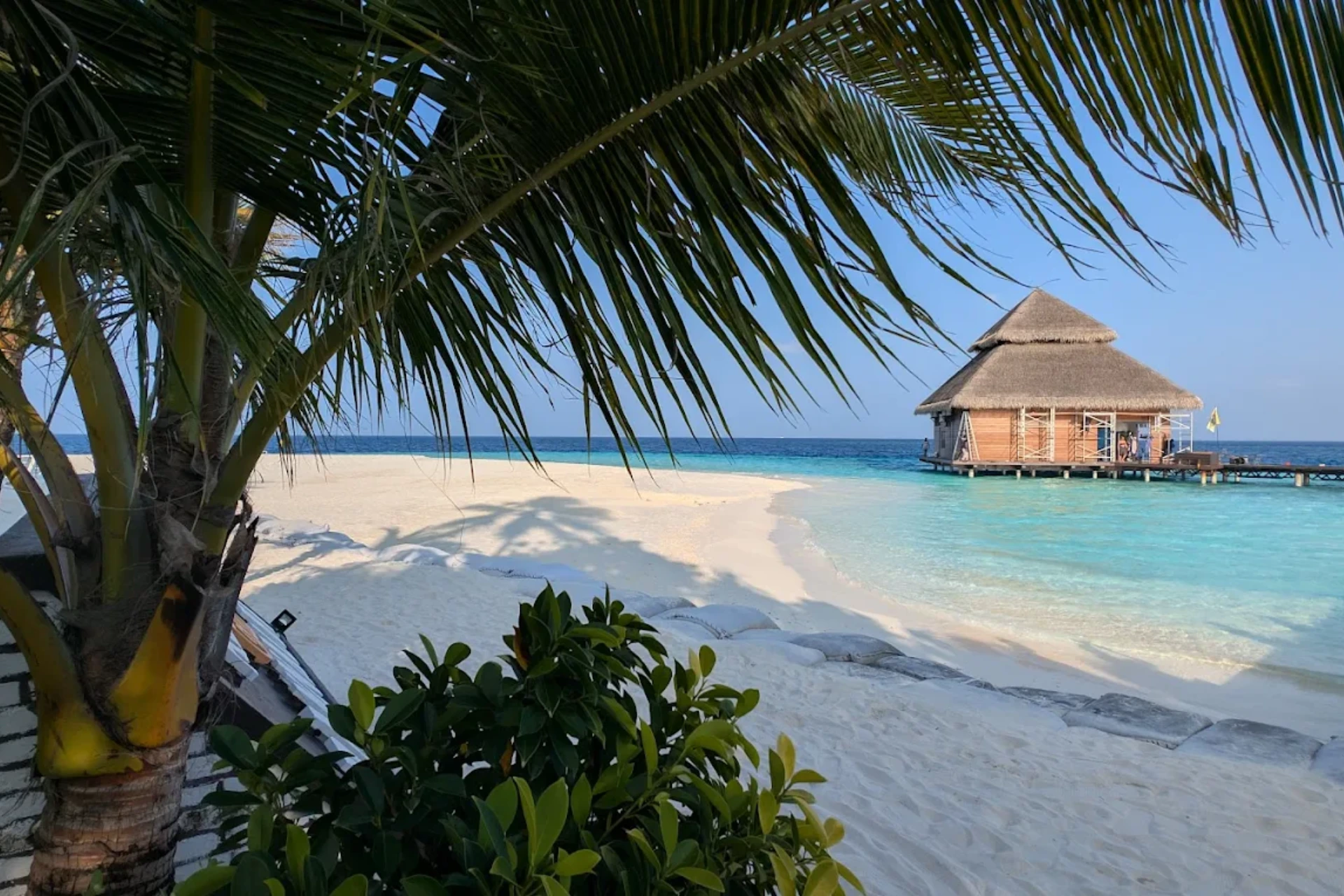 Palm trees frame sandy beach at Adaaran Rannhali with wooden hut