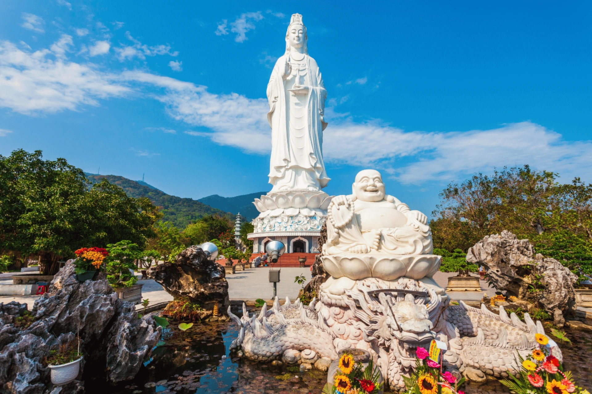 White statues and temple at Son Tra Vietnam