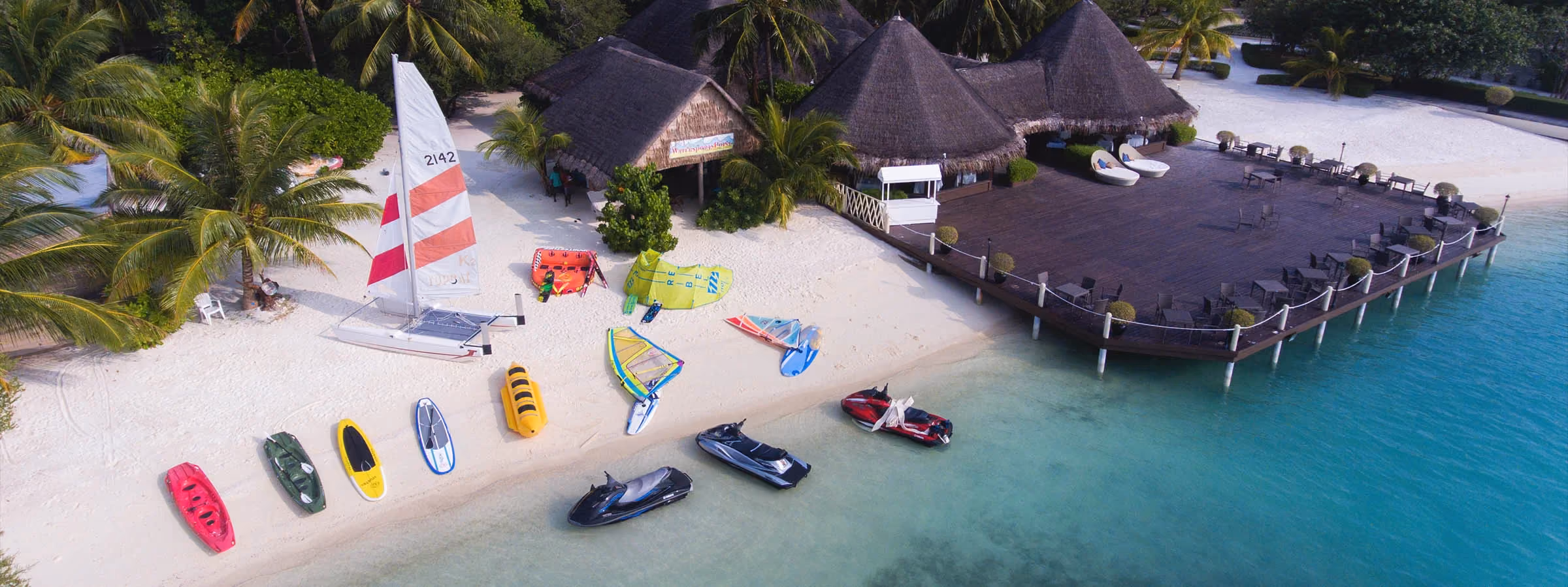 Beach water sports equipment and boats at Hrf resort