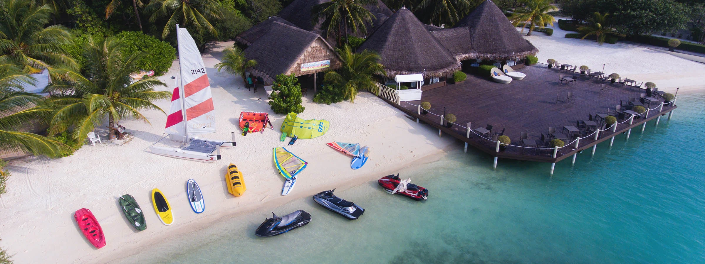 Beach water sports equipment and boats at Hrf resort