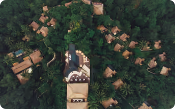 Village with brown houses nestled in green forest