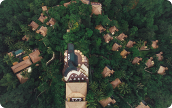 Village with brown houses nestled in green forest