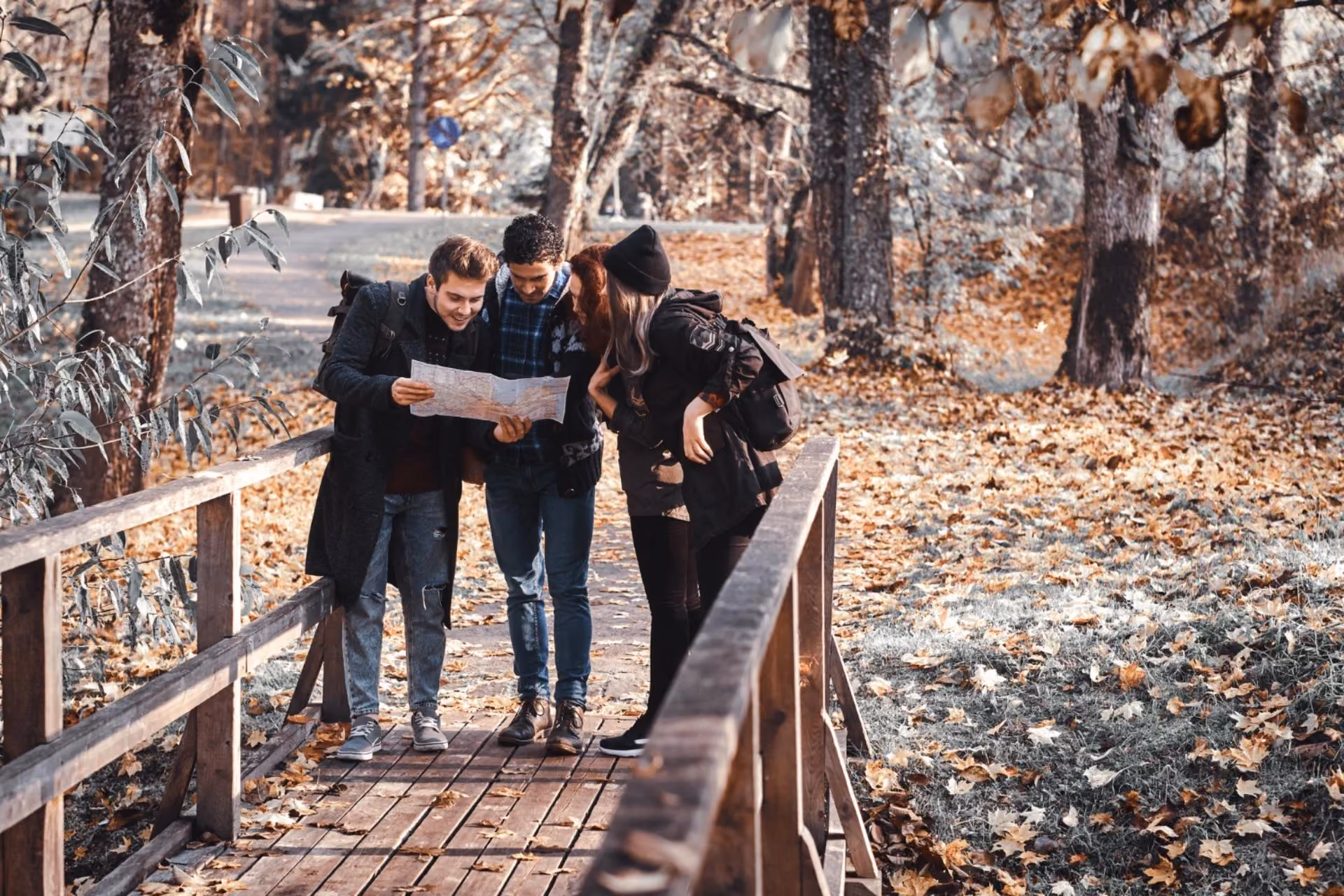 Three backpackers reading a map on a wooden bridge in an autumn forest – off-the-beaten-path experiences in New Zealand vs Switzerland