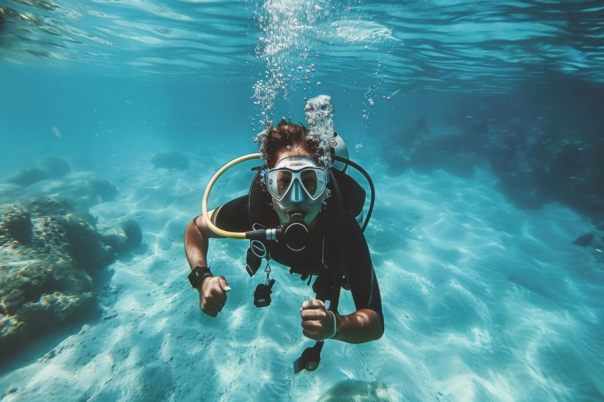 Scuba diver exploring crystal clear waters in the Maldives — top adventure activities in the Maldives"