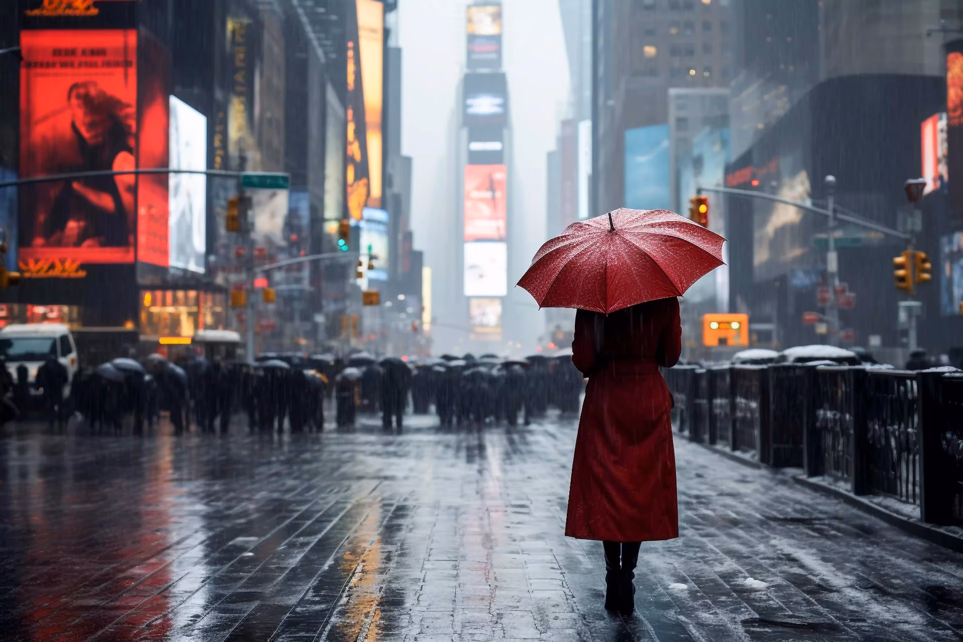 Traveler walking with an umbrella during a rainy day in June