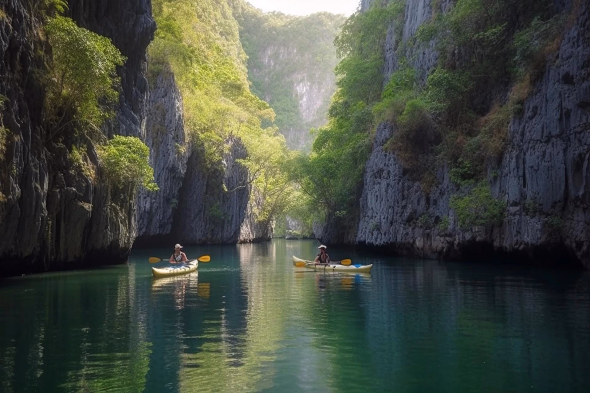 Two travelers kayaking through the emerald waters of Ha Long Bay, surrounded by towering limestone cliffs, lush greenery, and a peaceful natural landscape in Vietnam.
