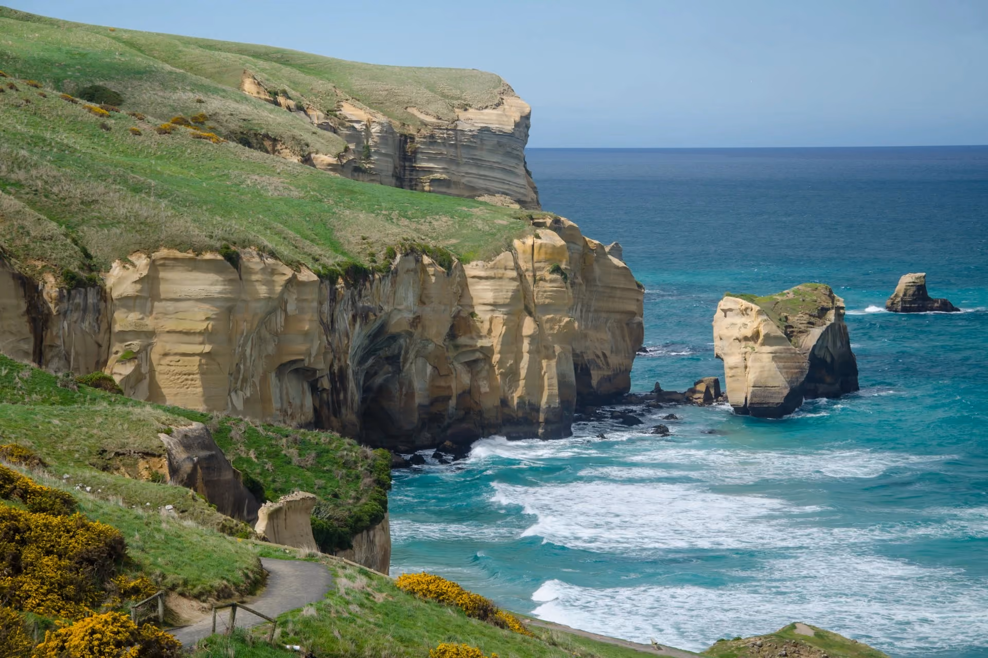 Coastal cliffs and rock formations overlooking turquoise ocean waters in New Zealand, surrounded by green hills and dramatic natural scenery.