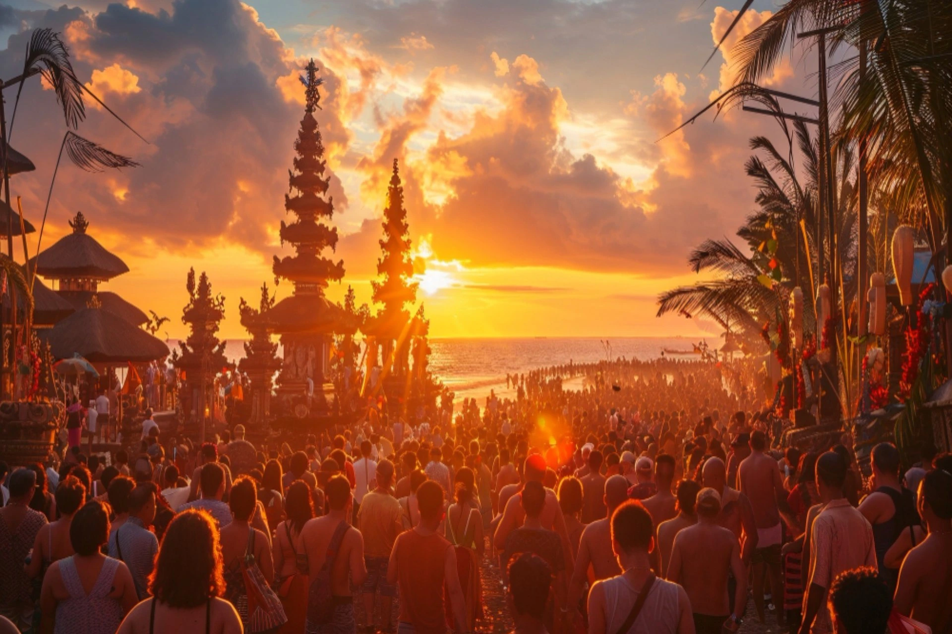 Crowds gathering at a Bali beach during sunset in September, showcasing the lively tourist experience in the Bali vs Vietnam travel comparison.