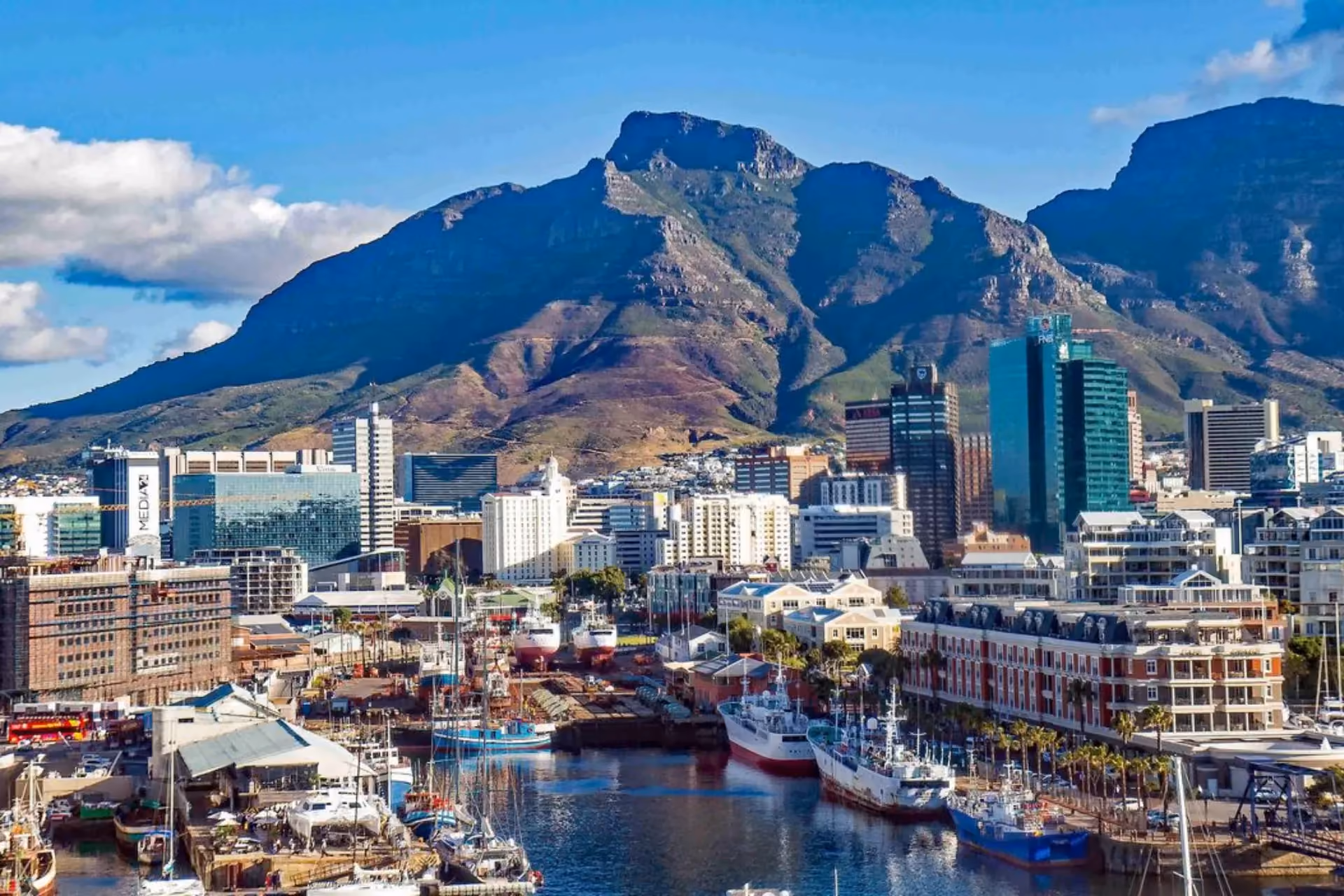 Cape Town skyline with Table Mountain rising behind the V&A Waterfront