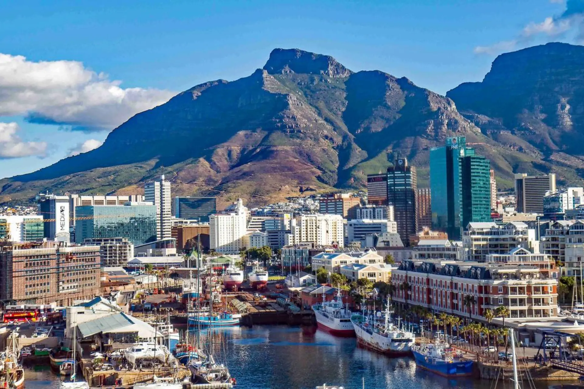 Cape Town skyline with Table Mountain rising behind the V&A Waterfront