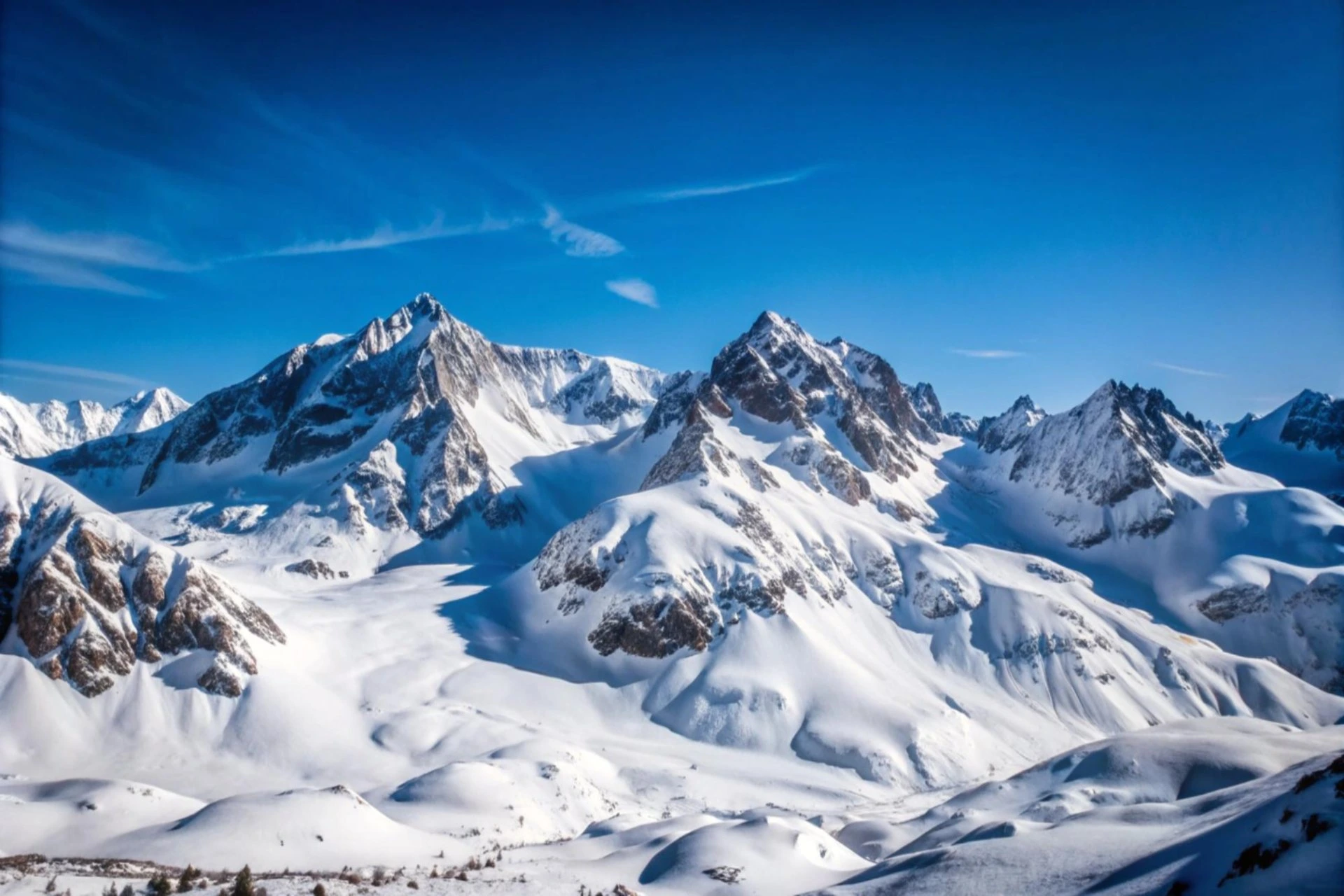Panoramic view of snow-covered mountain peaks and alpine valleys in Kazakhstan under a clear blue sky during March, showcasing the country's late-winter scenery.