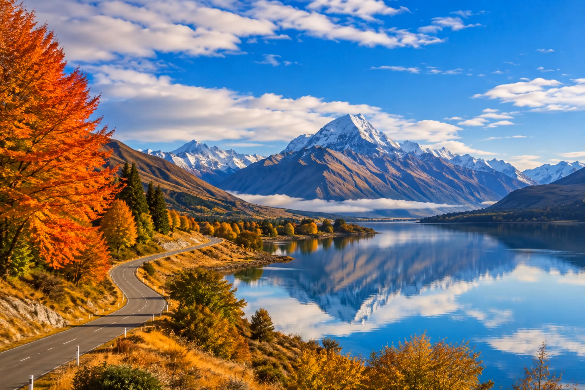 New Zealand lake and mountains with colorful autumn foliage