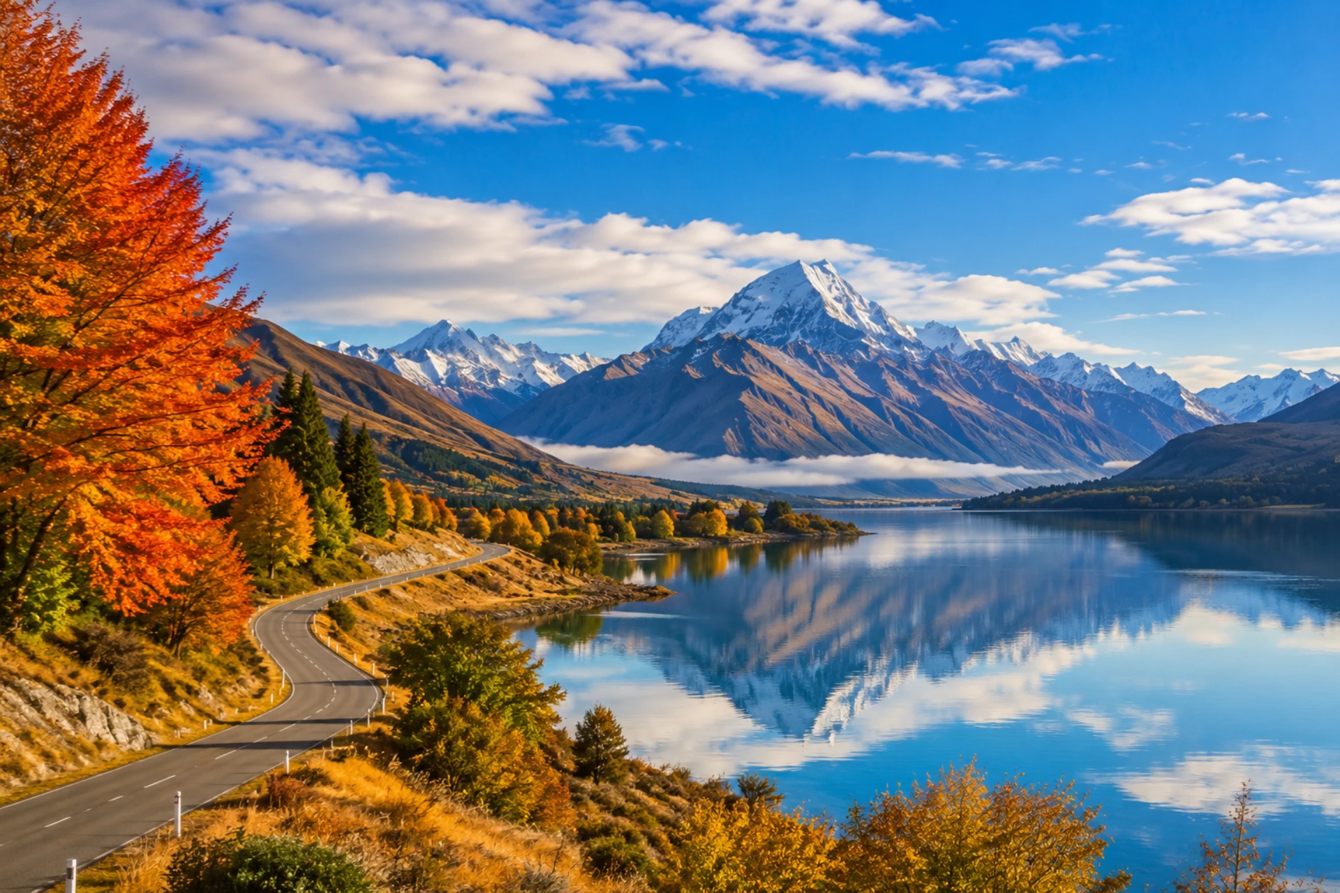 New Zealand lake and mountains with colorful autumn foliage