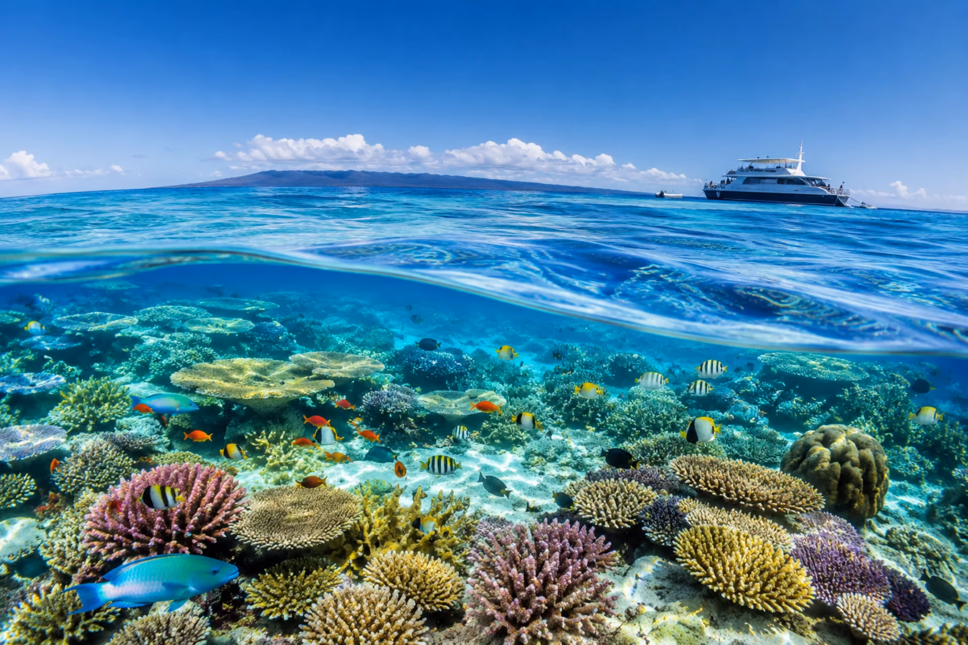 Great Barrier Reef in Australia with colorful coral reefs and tropical fish beneath clear turquoise waters