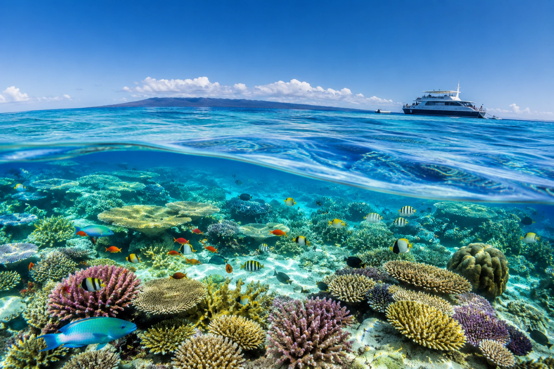 Great Barrier Reef in Australia with colorful coral reefs and tropical fish beneath clear turquoise waters