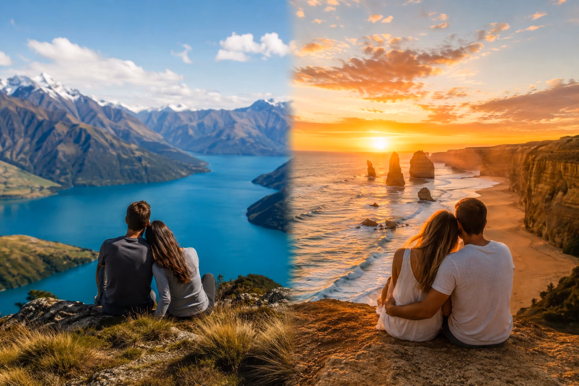 Couple enjoying a romantic getaway overlooking a turquoise alpine lake in New Zealand and a sunset beach in Australia