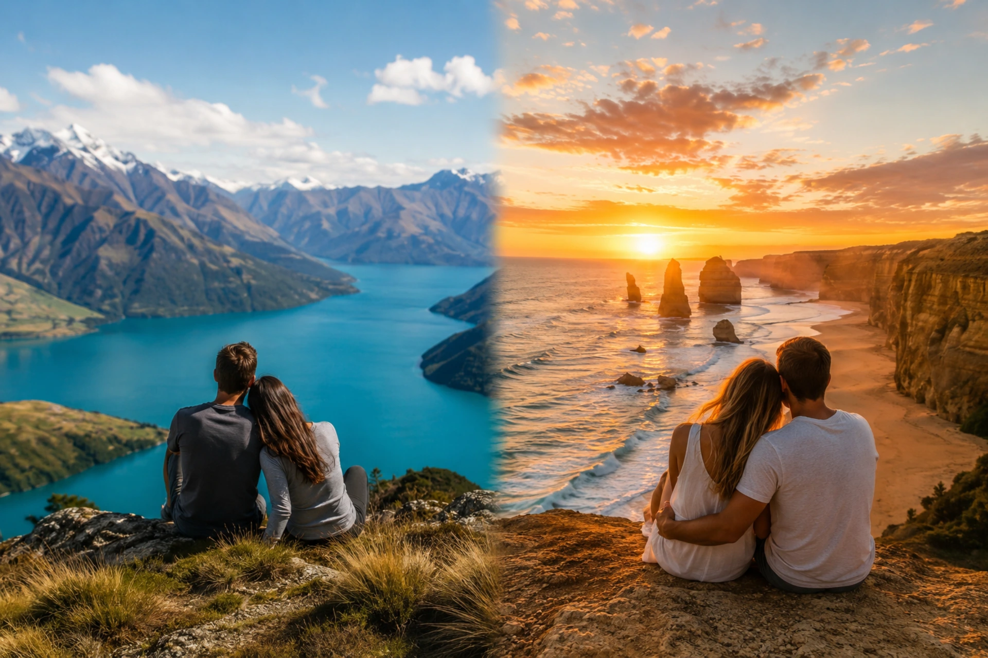 Couple enjoying a romantic getaway overlooking a turquoise alpine lake in New Zealand and a sunset beach in Australia