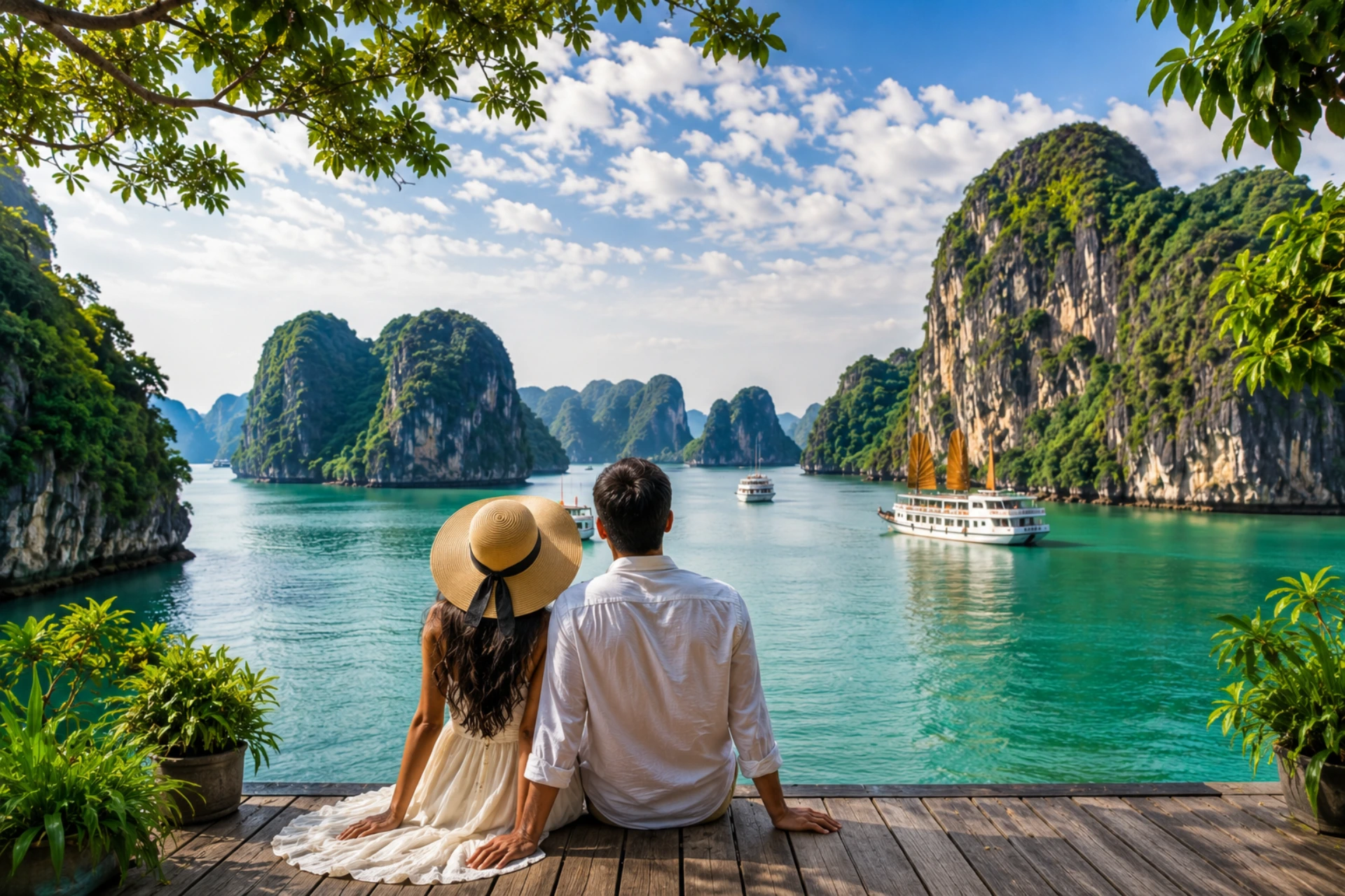 Couple enjoying a romantic view of Ha Long Bay with limestone islands and turquoise waters in Vietnam