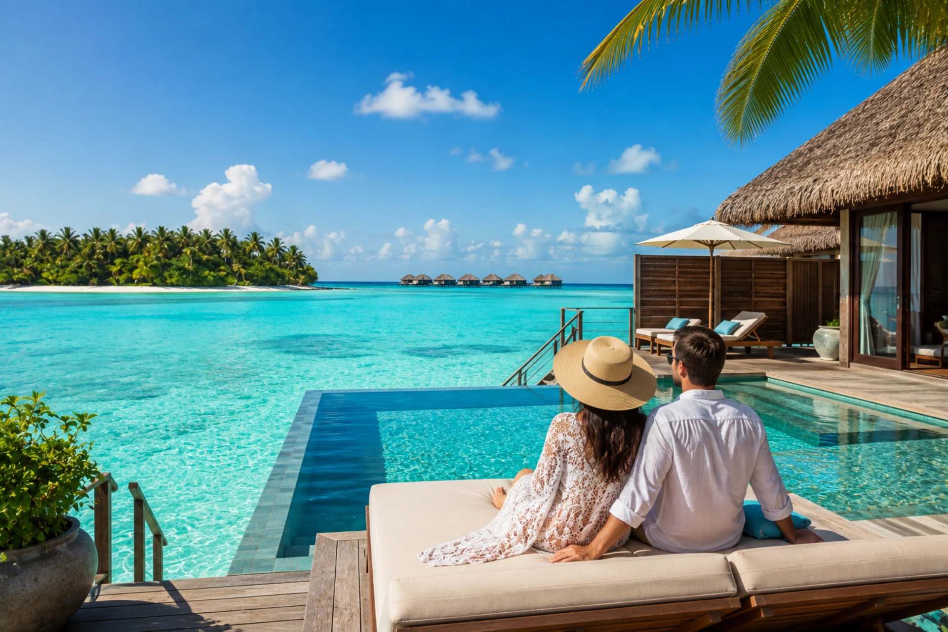 Couple relaxing at a luxury overwater villa in the Maldives surrounded by clear turquoise waters and tropical islands