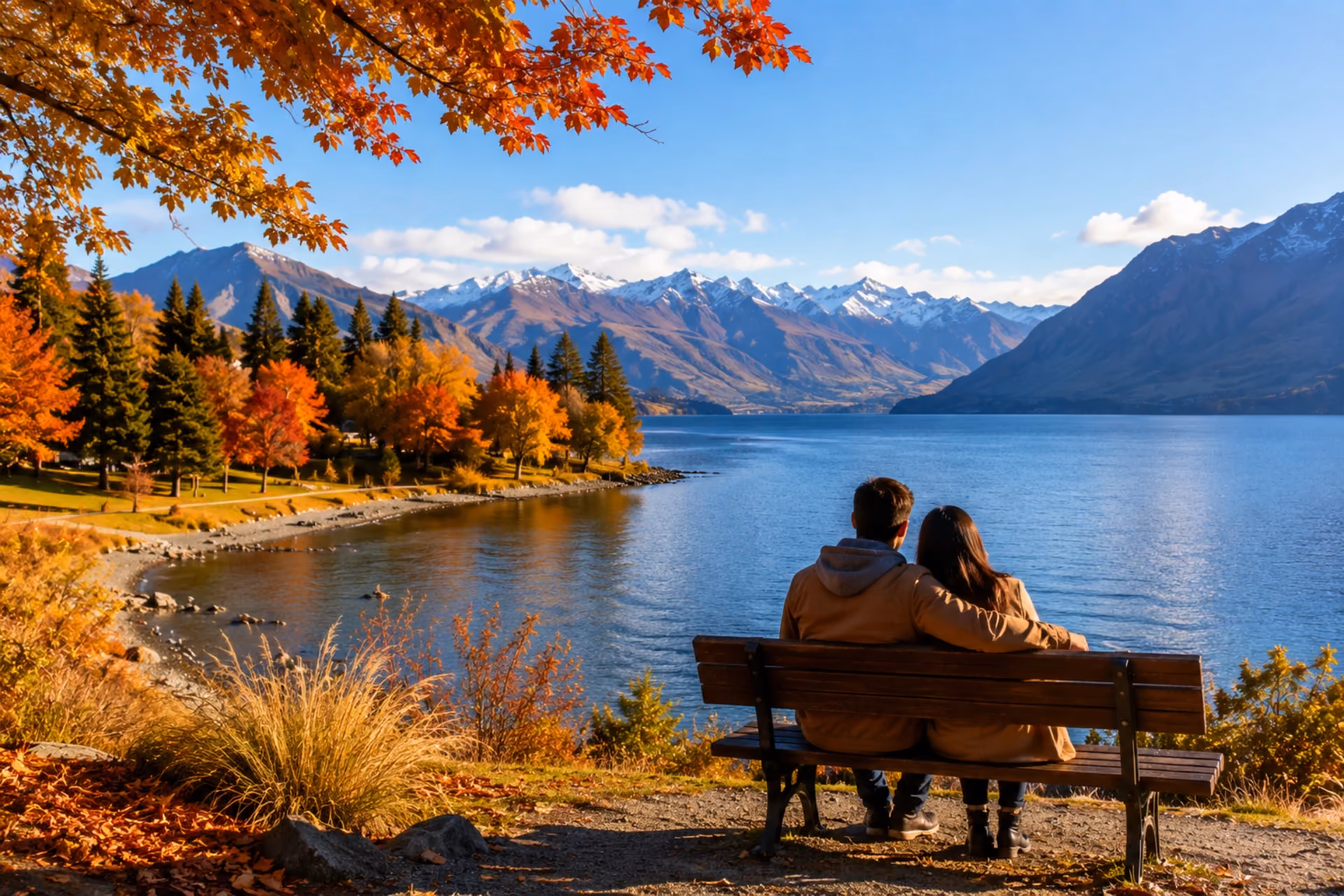 Couple enjoying autumn views of a New Zealand lake and mountains
