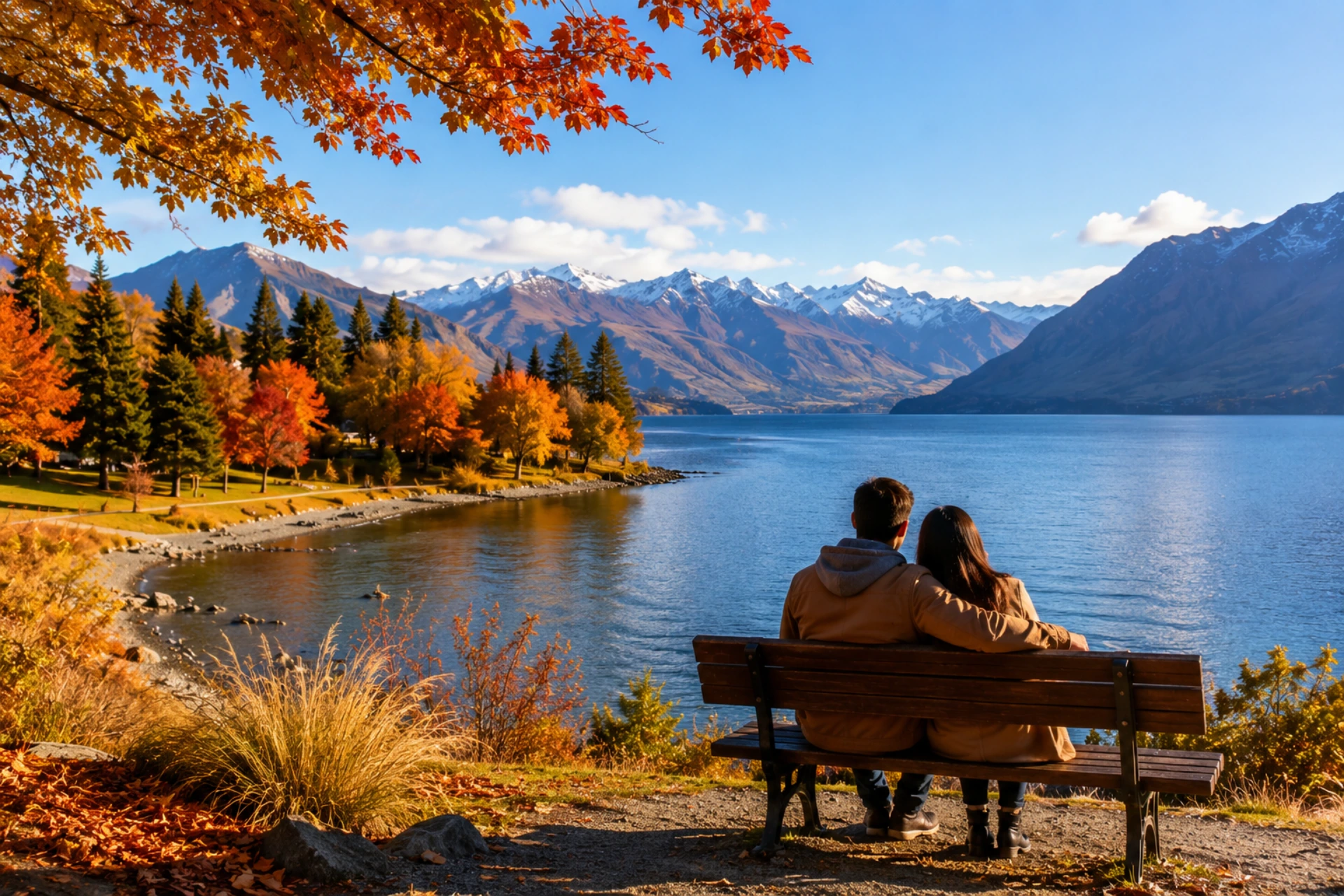 Couple enjoying autumn views of a New Zealand lake and mountains