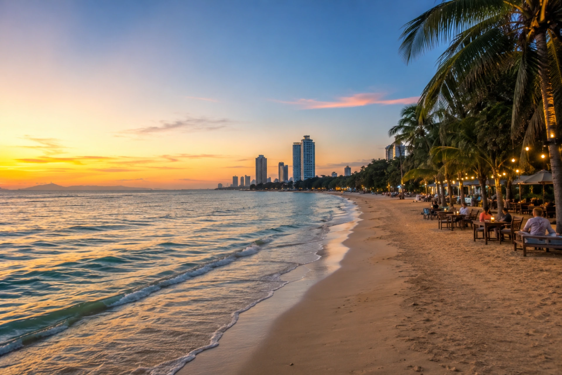 Jomtien Beach with palm trees, seaside cafés, and a calm sunset in Pattaya
