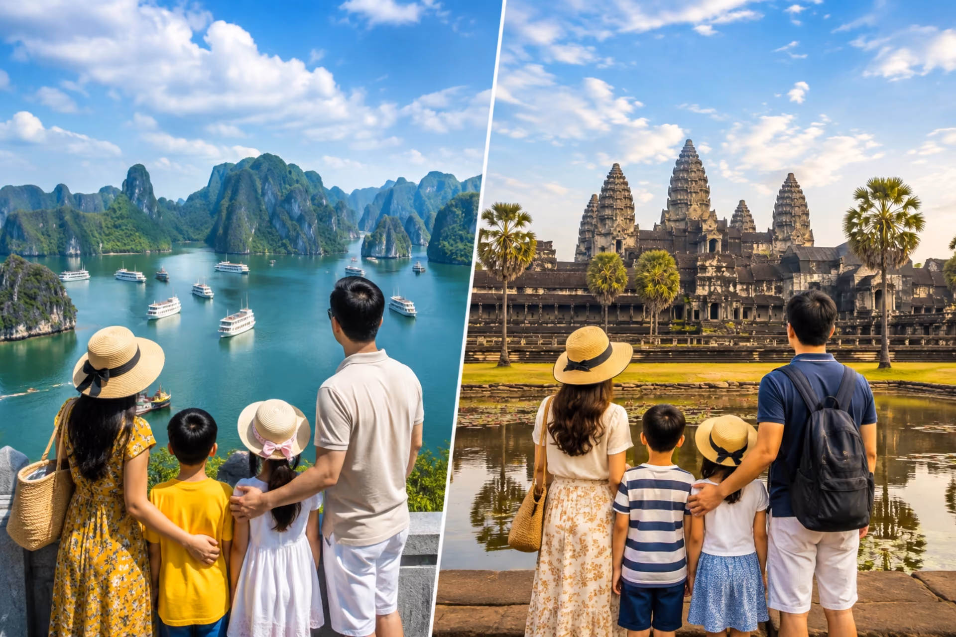 Family enjoying scenic attractions in Vietnam and Cambodia, with a limestone bay and cruise boats in Vietnam and Angkor Wat surrounded by palm trees in Cambodia.