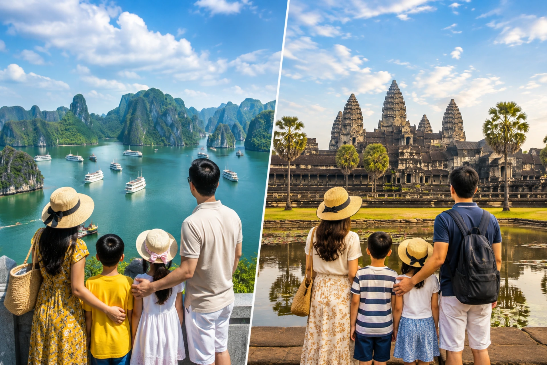 Family enjoying scenic attractions in Vietnam and Cambodia, with a limestone bay and cruise boats in Vietnam and Angkor Wat surrounded by palm trees in Cambodia.